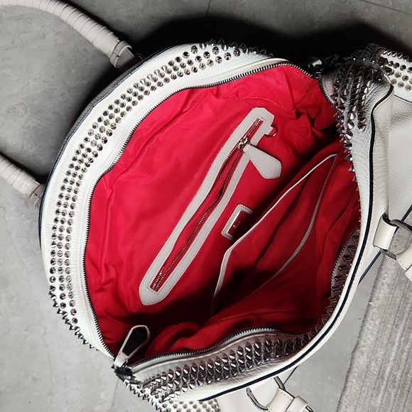 Rare Large Beige Christian Louboutin Bowler Bag with Studs and Red Interior - Picture 4 of 9